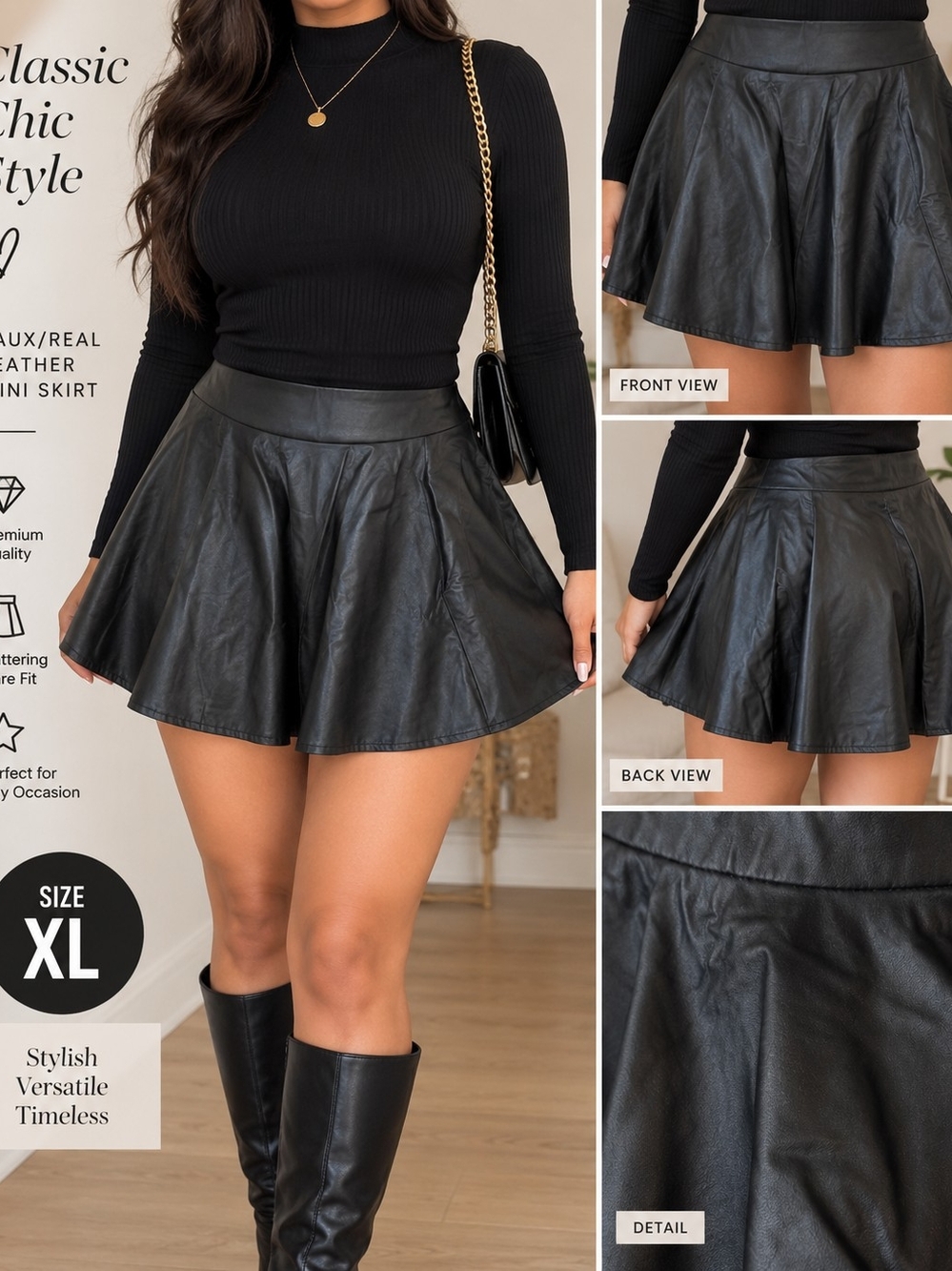 Women's Black Faux Leather Flared Mini Skirt